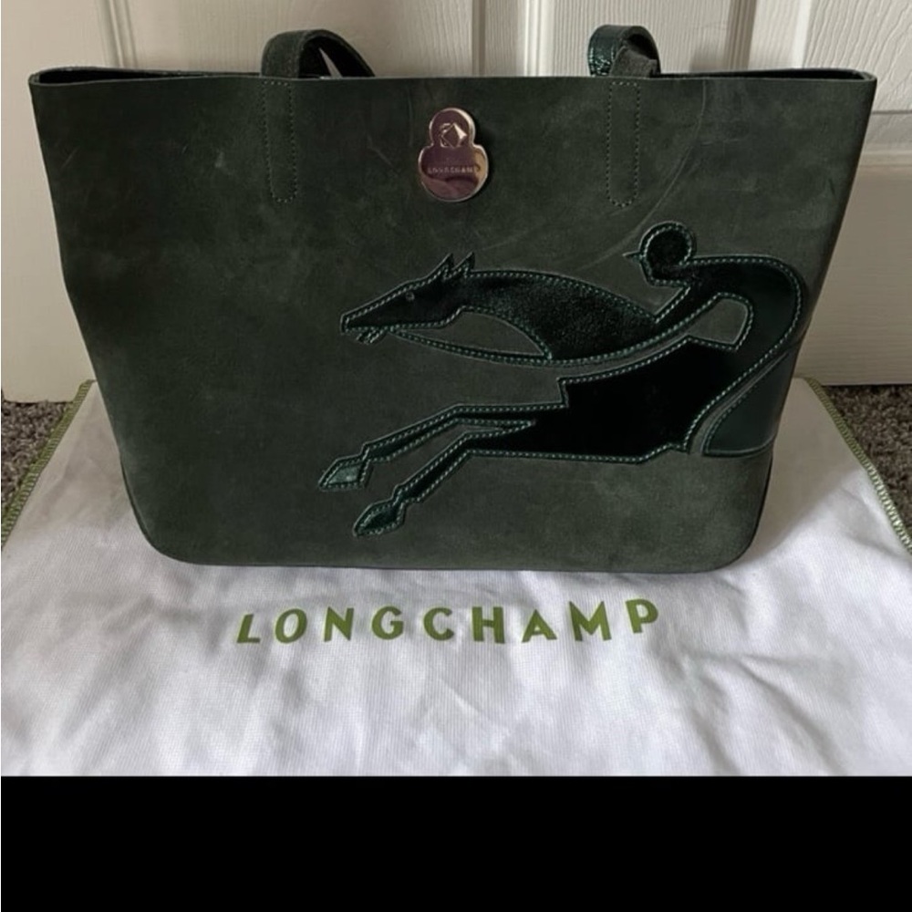 Longchamp Dark Green Suede Tote with Horse Logo